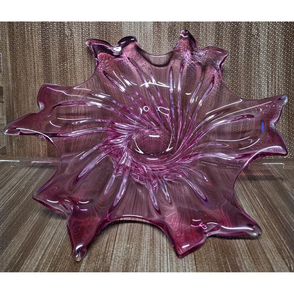 Vintage Josef Hospodka Cranberry Pink Glass Freeform Bowl Flower Dish Czech Art